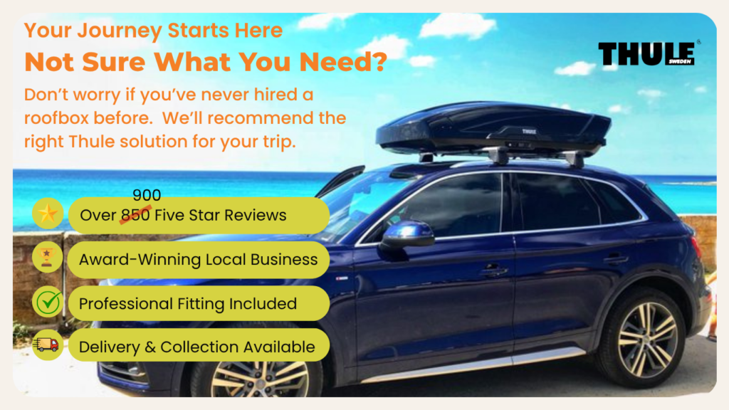 Thule roofbox hire with professional fitting, delivery and collection available. Over 900 five-star reviews and an award-winning local business.