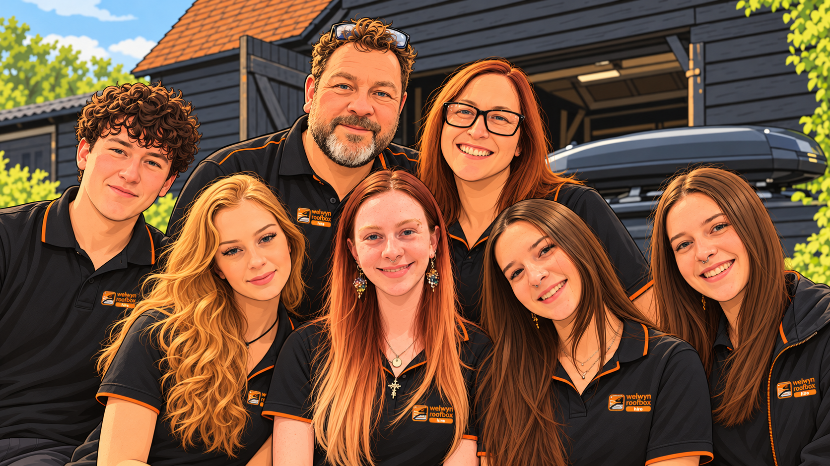 Cartoon illustration of the seven family members behind Welwyn Roofbox Hire, outside the timber barn premises.